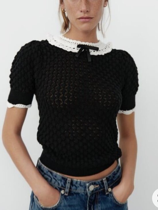 Zara Tops - ZARA Knit Peter Pan Collar Top Size Small Black & White Puff Sleeve Femme Preppy